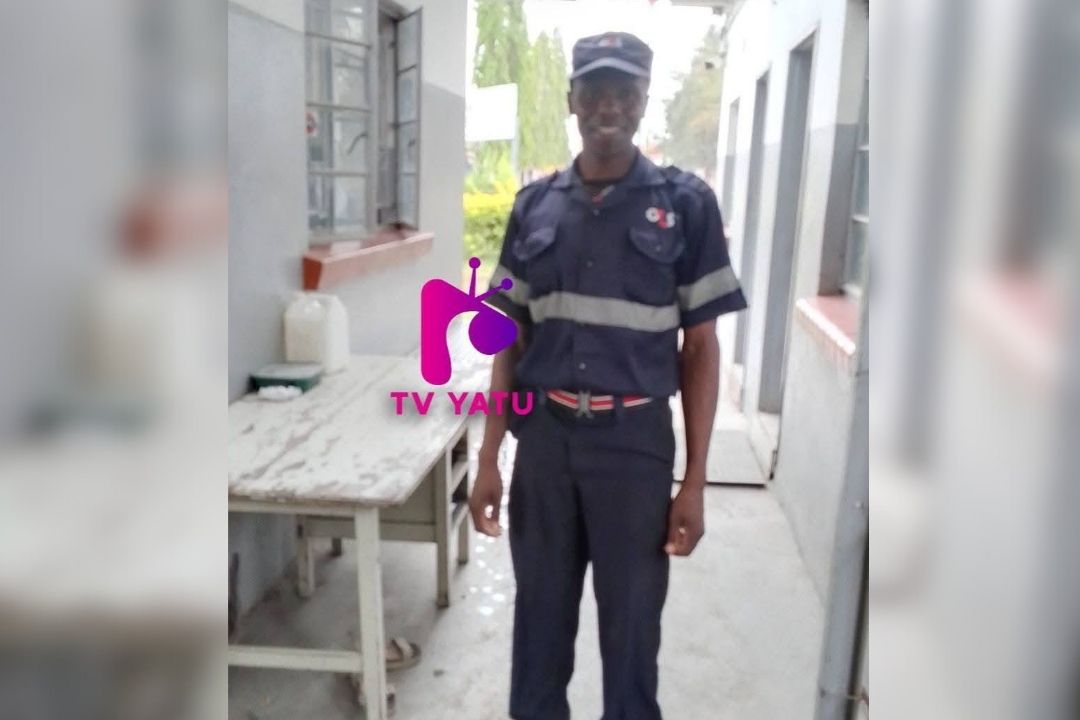 Retired Constable Thomas Muchindu pictured on duty in his G4S Security uniform at Kafue Steel, where he currently works as a security guard after being medically retired from the Zambia Police Service following a stroke.